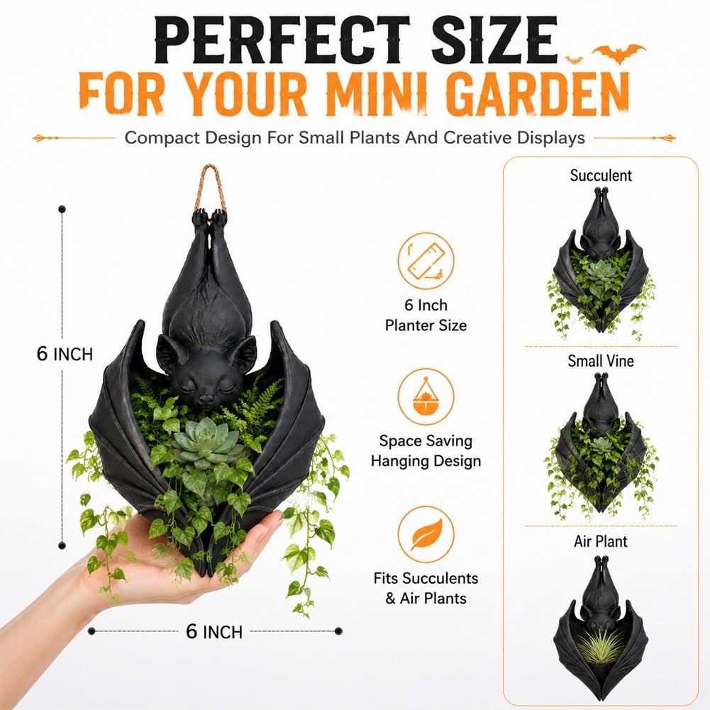 Gothic Bat Hanging Planter for Halloween Porch Decor
