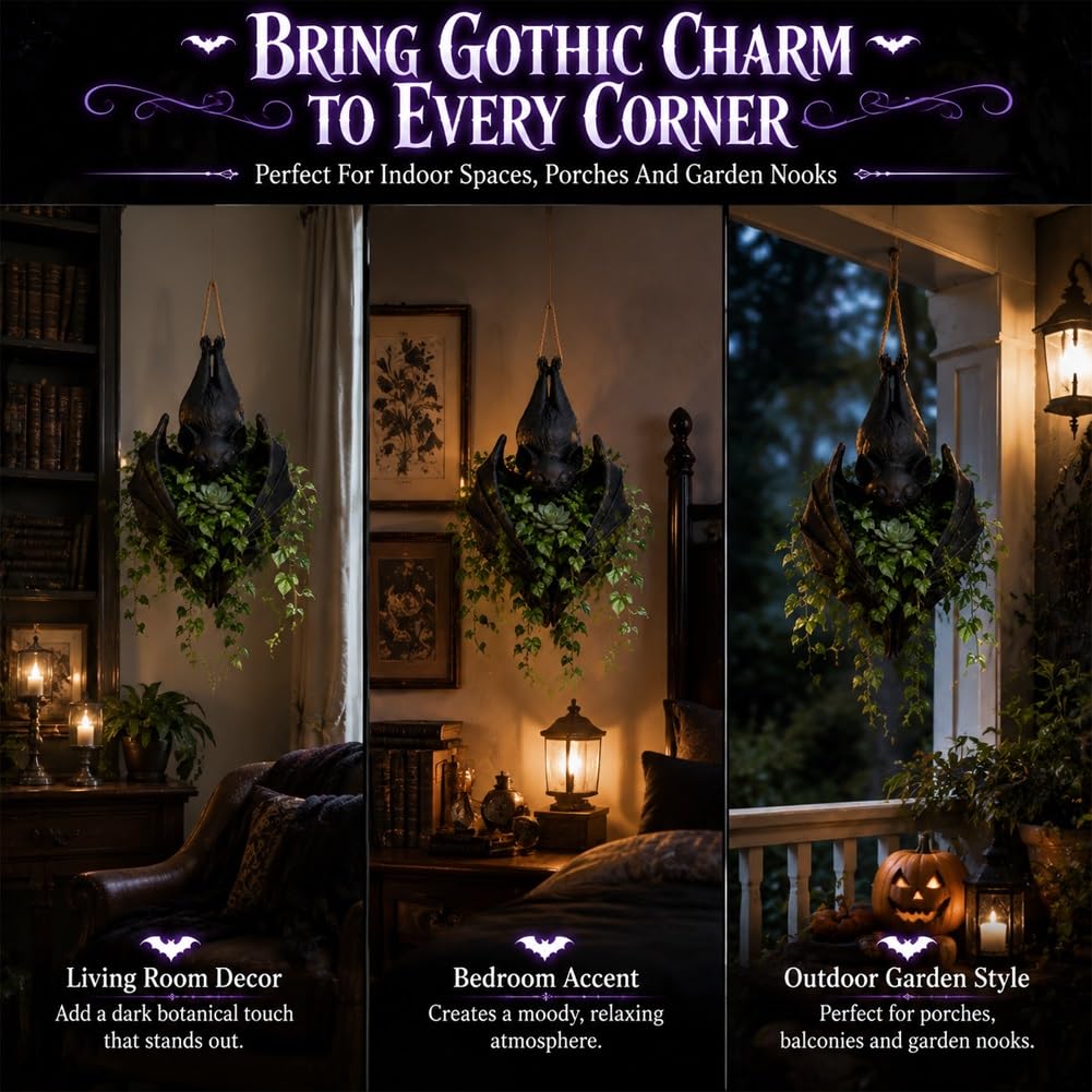 Gothic Bat Hanging Planter for Halloween Porch Decor