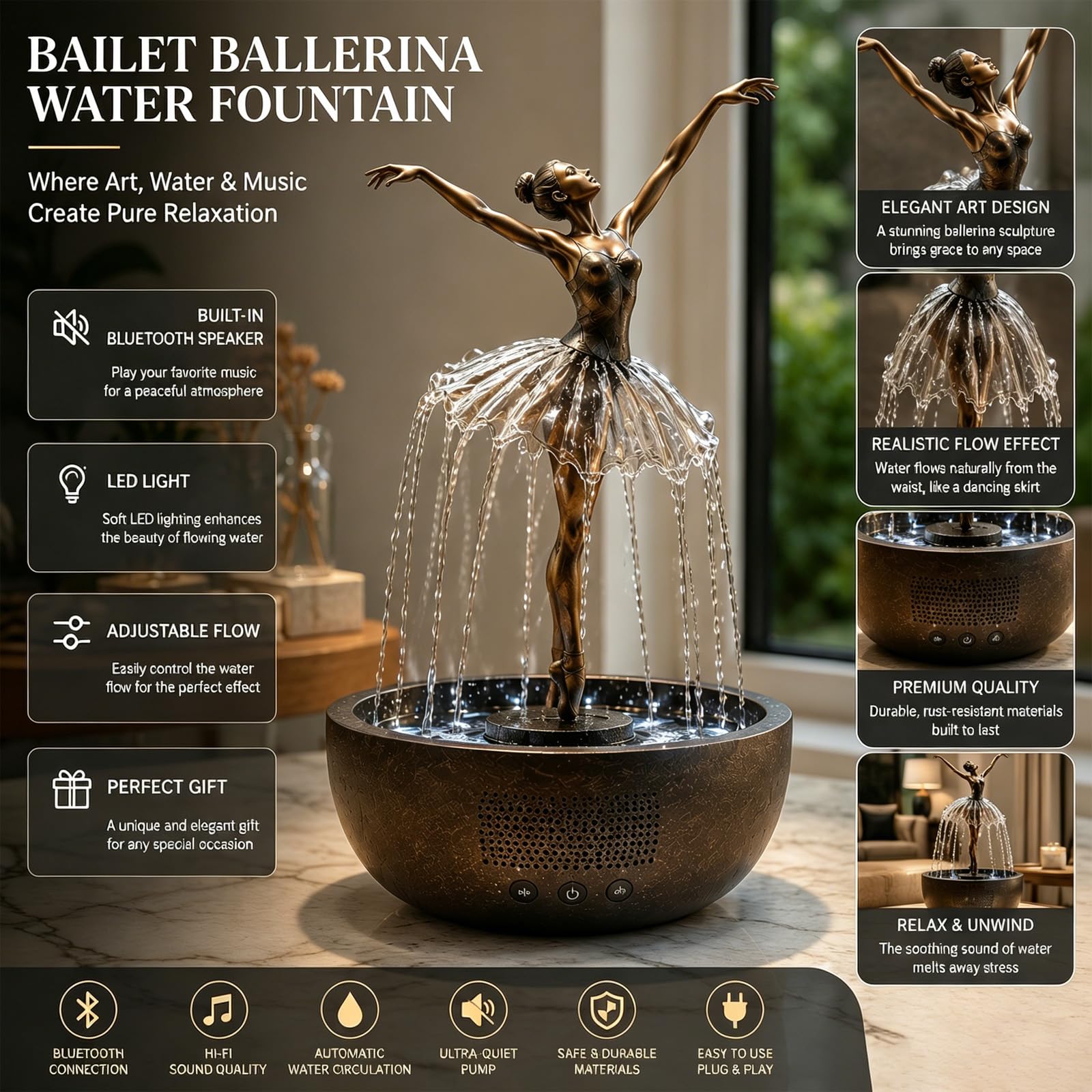 Ballerina Bluetooth speaker fountain detail view