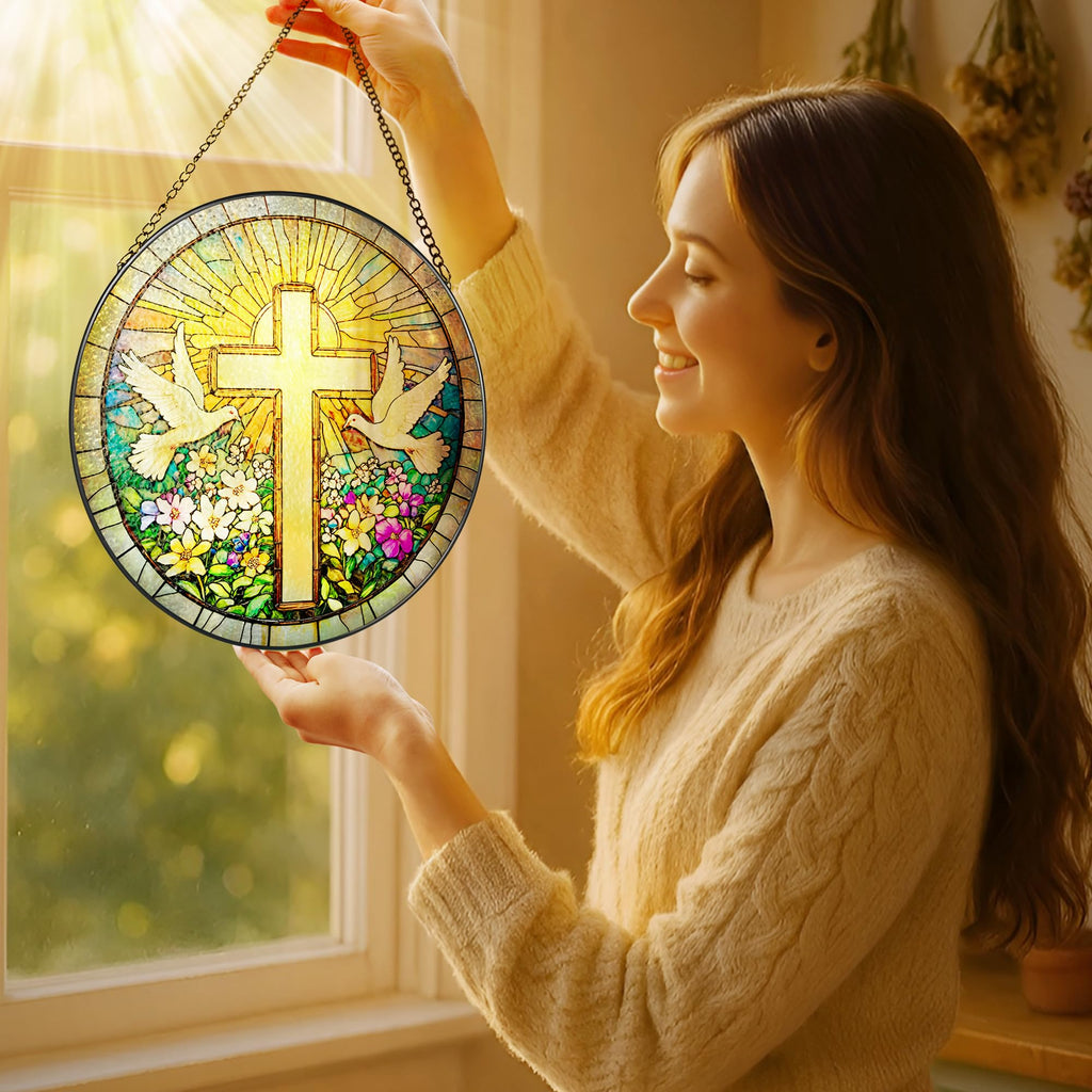 The Artisan “Faith & Wildflowers” Stained Glass Suncatcher ✝️🕊️