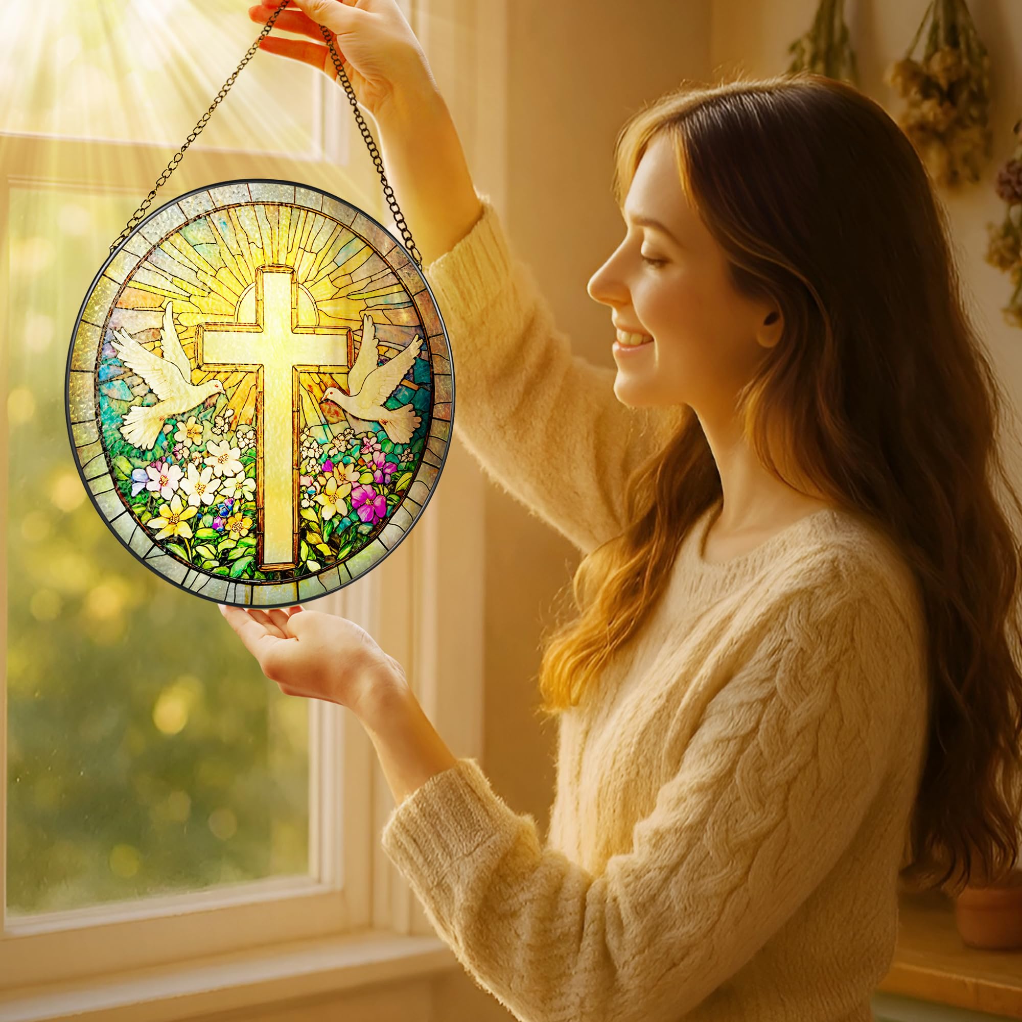 The Artisan “Faith & Wildflowers” Stained Glass Suncatcher ✝️🕊️