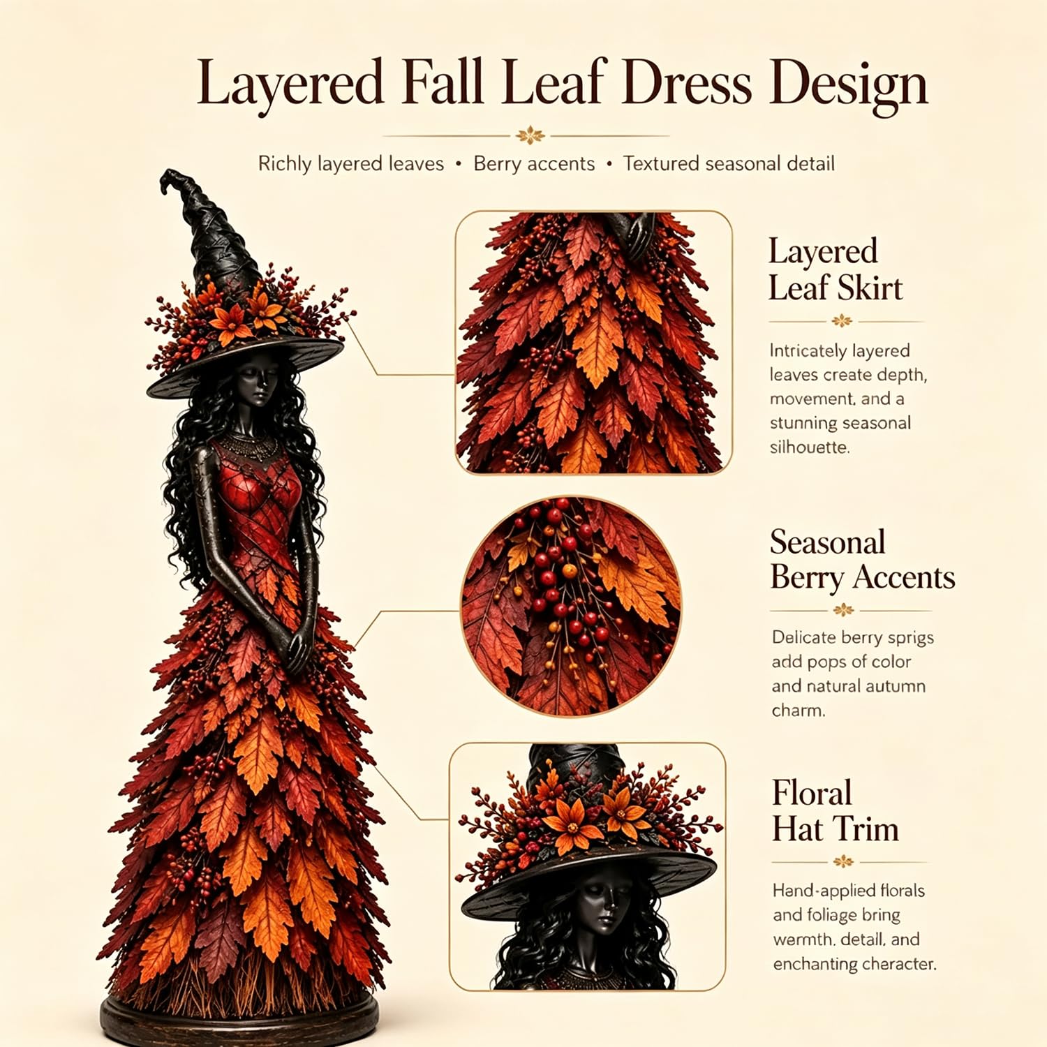 Golden Harvest witch figurine styled on Halloween tabletop display