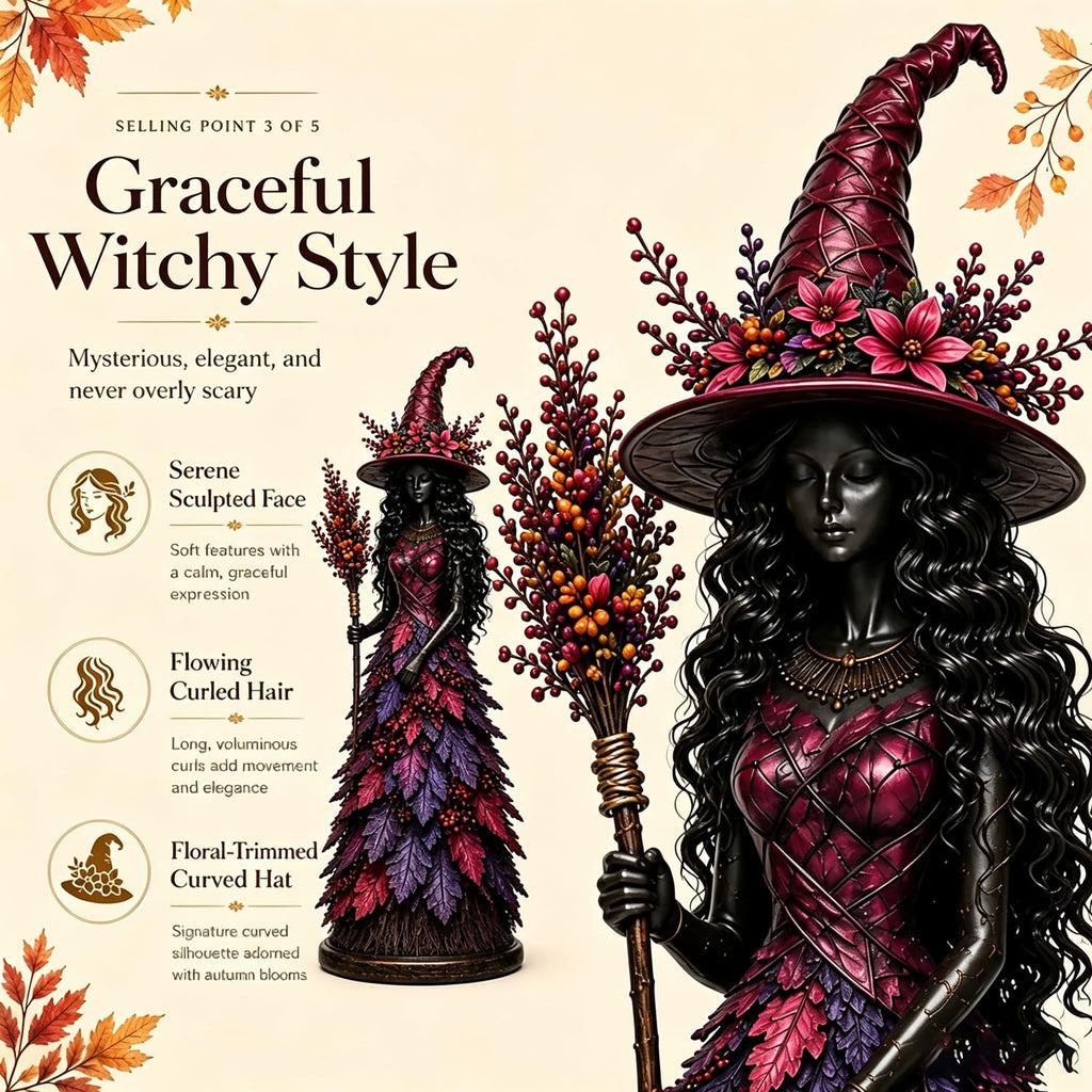 Enchanted witch figurine detail for cozy autumn decor