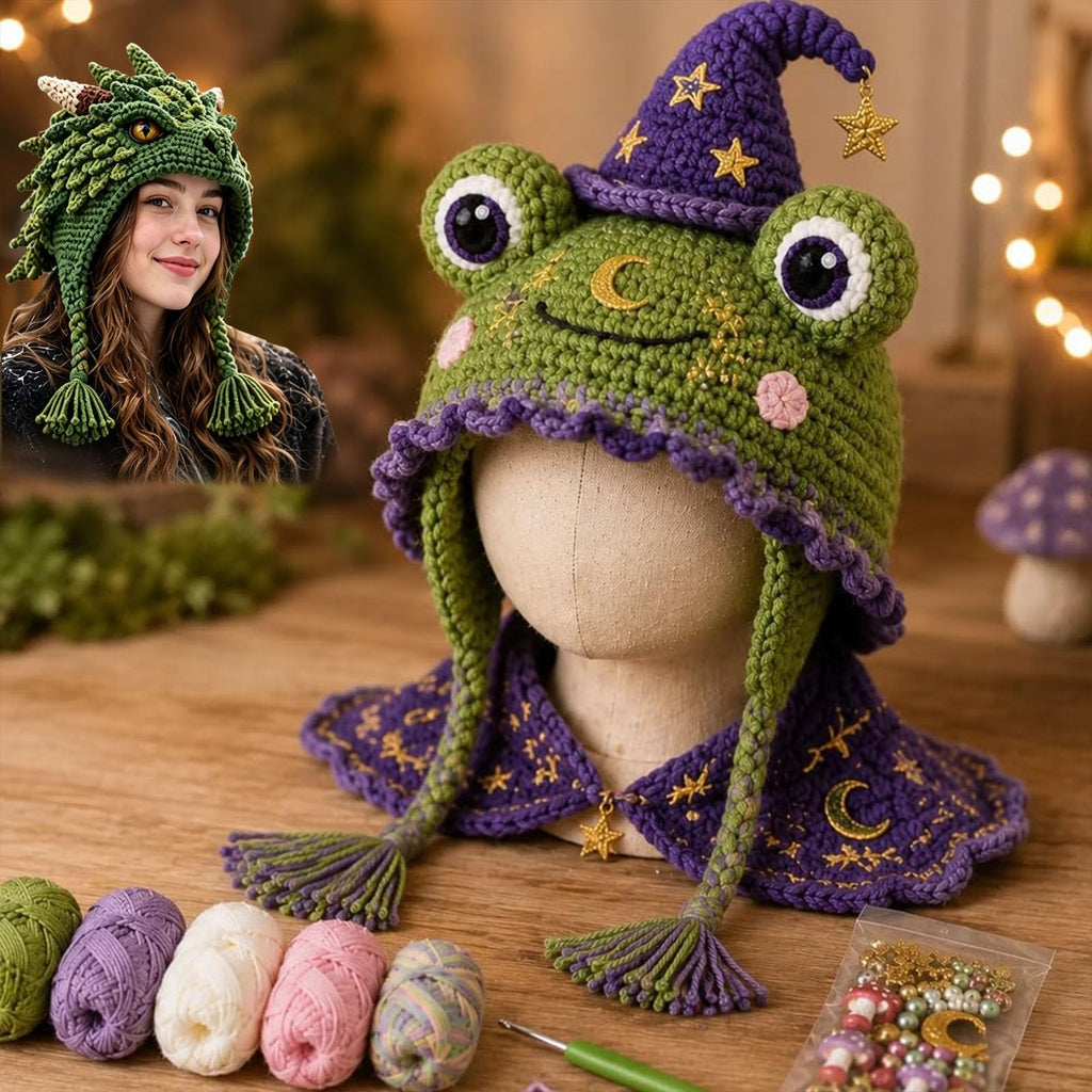 Frog animal hood hat DIY crochet kit for beginners