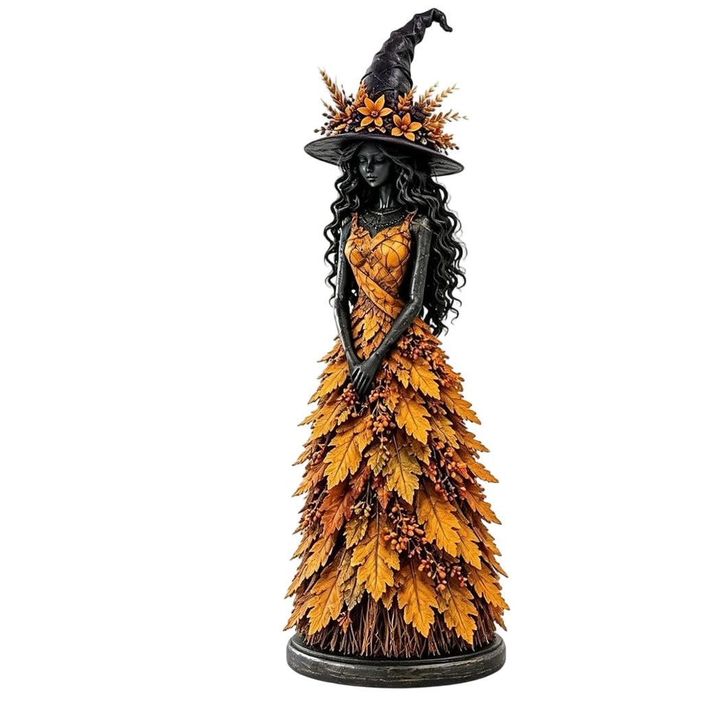 Golden Harvest enchanted witch figurine for autumn shelf decor