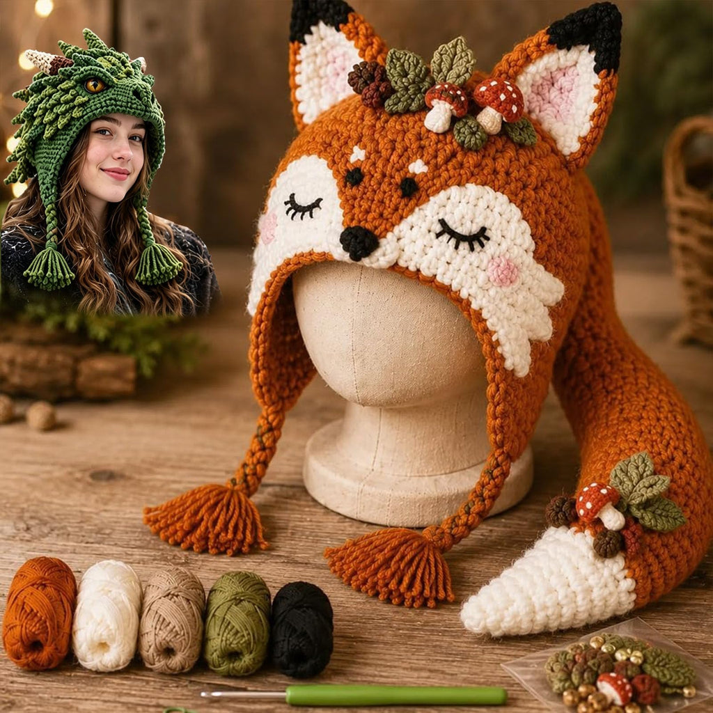 Fox animal hood hat DIY crochet kit for beginners