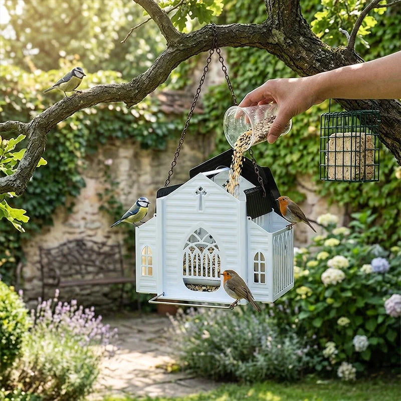 Church-shaped bird feeder being filled with seed as backyard birds perch nearby