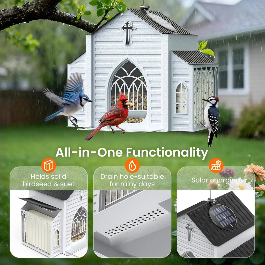 Church-shaped bird feeder with seed tray, drainage holes and roof solar panel