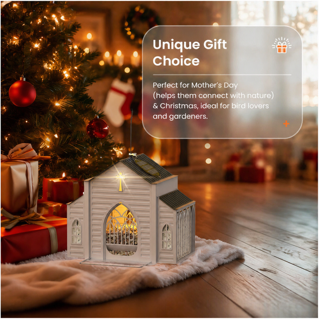 Church-shaped solar bird feeder displayed as a Christmas gift for bird lovers