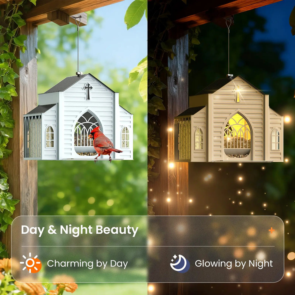 Church-shaped solar bird feeder shown by day and glowing at night