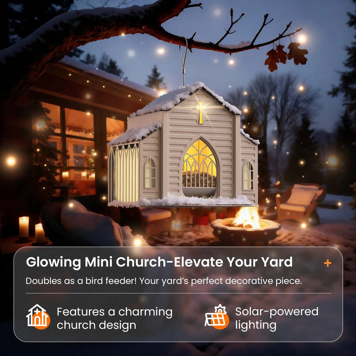 Church-shaped solar bird feeder glowing in a snowy backyard at night