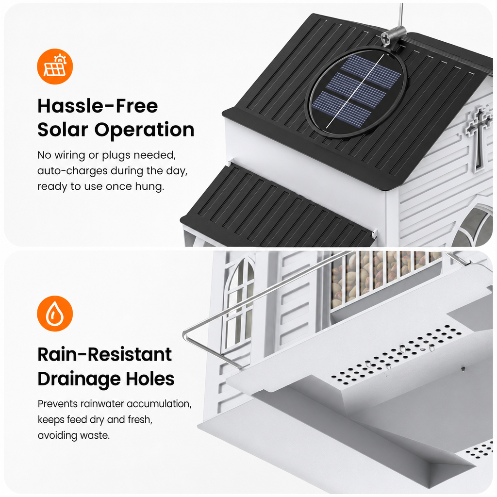Solar panel and rain-resistant drainage holes on a church-shaped bird feeder